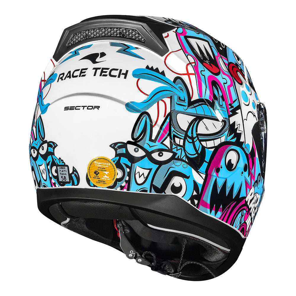 CAPACETE RACE TECH SECTOR MONSTERS BRANCO E AZUL